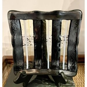 VTG Square Striped Fused Art Glass Plate, w/Black, White & Yellow Signed by Saba